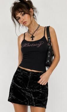Betsey Johnson Sz L 90s Y2K USA Made Crushed Velvet Black Skirt Indie Sleaze EUC